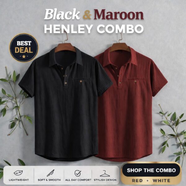 Black & Maroon Premium Cotton Henley Katua Shirt Combo
